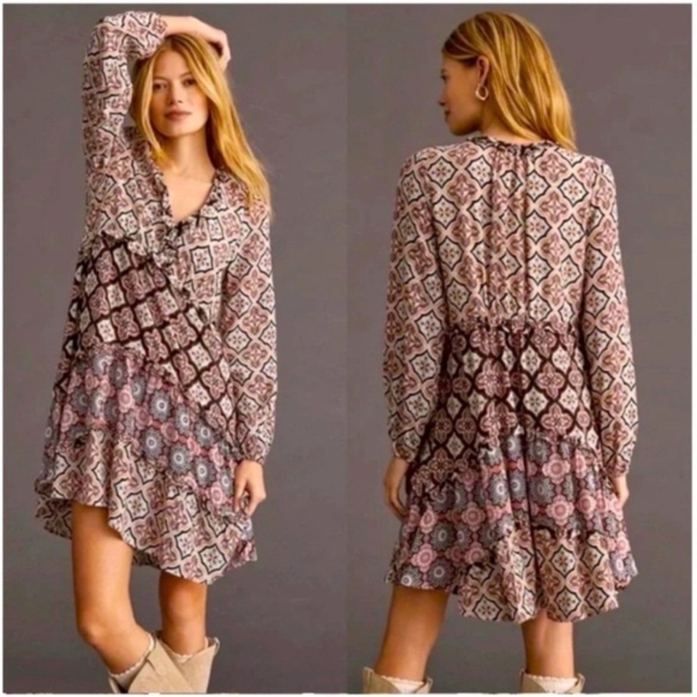 Anthropologie Paisley Mini Dress Womens XS Mauve Tiered V Neck Long Sleeve Boho